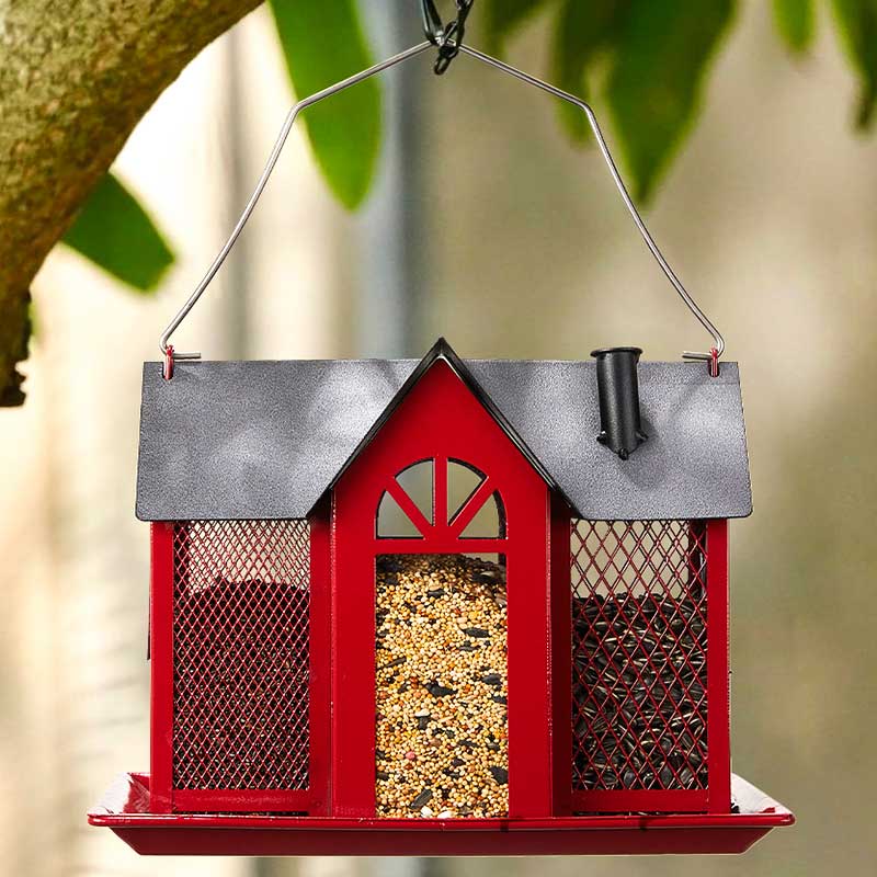 Metal Bird House Feeder with Triple Feeders