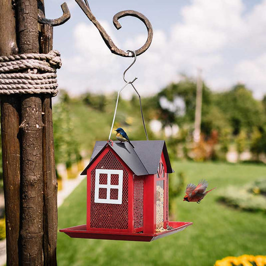 Metal Bird House Feeder with Triple Feeders