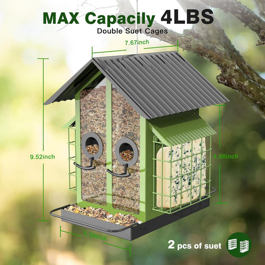 Outdoor Bird Feeder with Double Bird Feeder Cage, Weatherproof Metal Roof
